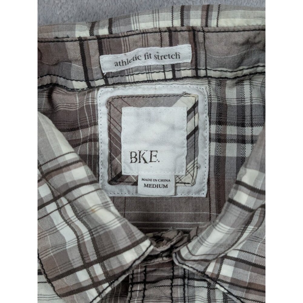 BKE Button Up Shirt Mens Medium Brown Plaid Pearl Snap Athletic Fit Western - Picture 2 of 10